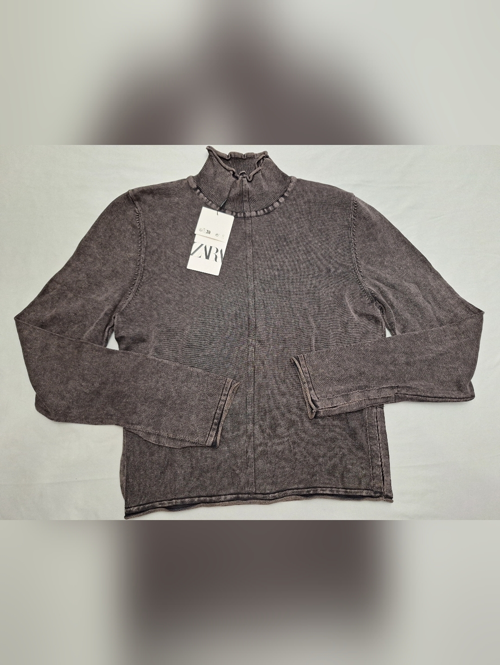 Zara Washed Rustic Brown Ruffled Mock Neck Long Sleeve Hook & Eye Seam Top